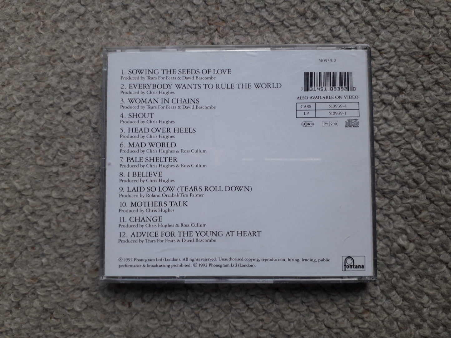Tears For Fears-Tears Roll Down (Greatest Hits 82-92) CD (510939-2)